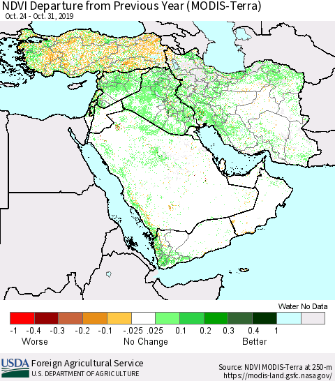 Middle East and Turkey NDVI Departure from Previous Year (Terra-MODIS) Thematic Map For 10/21/2019 - 10/31/2019
