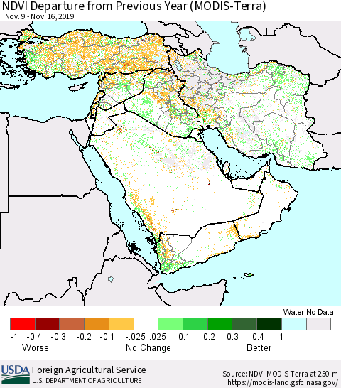 Middle East and Turkey NDVI Departure from Previous Year (Terra-MODIS) Thematic Map For 11/11/2019 - 11/20/2019