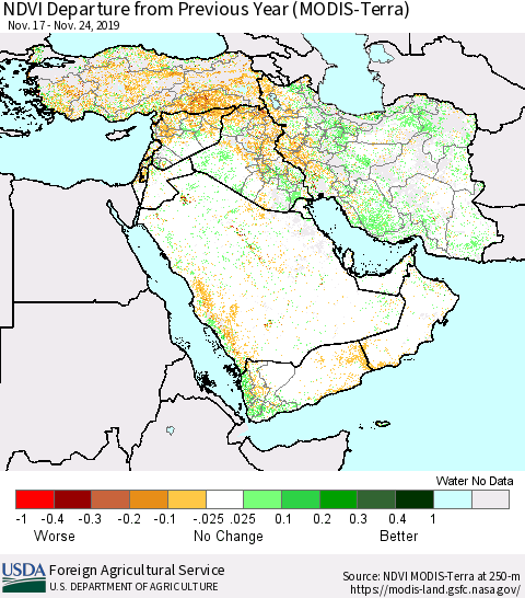 Middle East and Turkey NDVI Departure from Previous Year (Terra-MODIS) Thematic Map For 11/21/2019 - 11/30/2019