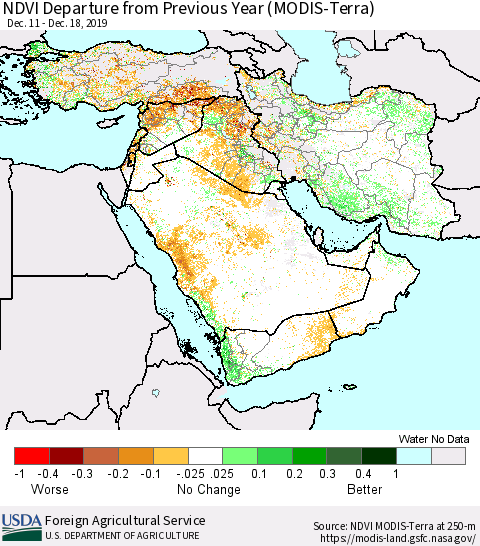Middle East and Turkey NDVI Departure from Previous Year (Terra-MODIS) Thematic Map For 12/11/2019 - 12/20/2019