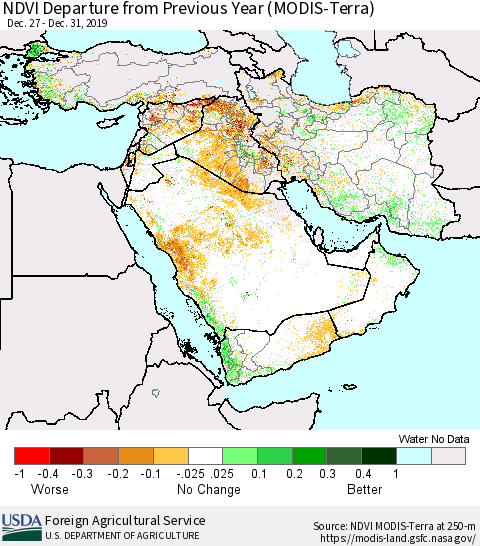 Middle East and Turkey NDVI Departure from Previous Year (Terra-MODIS) Thematic Map For 12/21/2019 - 12/31/2019