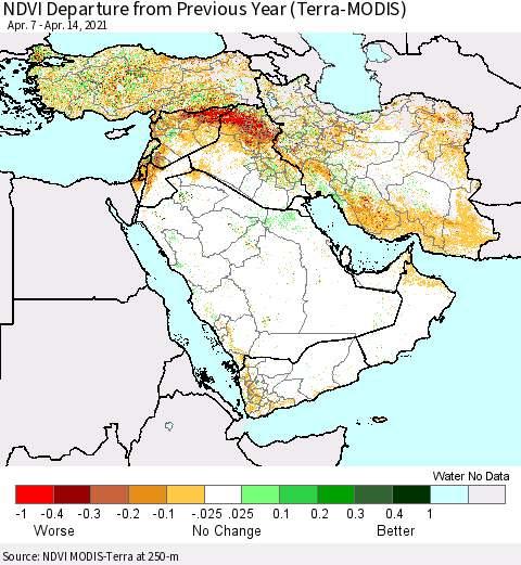 Middle East and Turkey NDVI Departure from Previous Year (Terra-MODIS) Thematic Map For 4/7/2021 - 4/14/2021