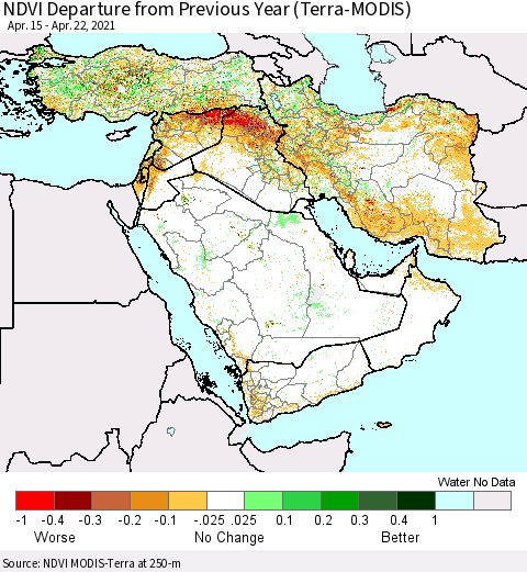 Middle East and Turkey NDVI Departure from Previous Year (Terra-MODIS) Thematic Map For 4/15/2021 - 4/22/2021