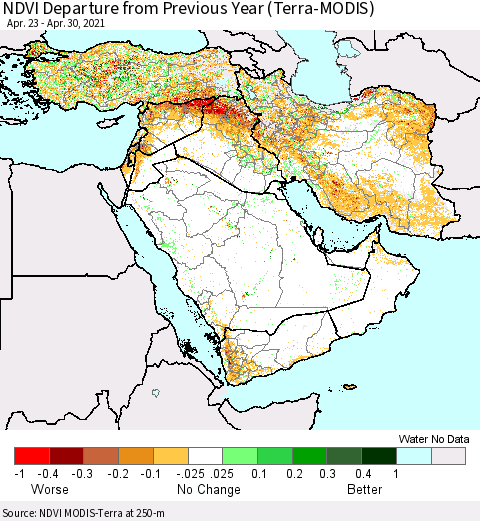 Middle East and Turkey NDVI Departure from Previous Year (Terra-MODIS) Thematic Map For 4/23/2021 - 4/30/2021