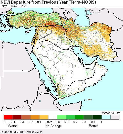 Middle East and Turkey NDVI Departure from Previous Year (Terra-MODIS) Thematic Map For 5/9/2021 - 5/16/2021