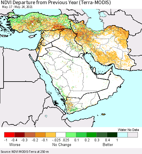 Middle East and Turkey NDVI Departure from Previous Year (Terra-MODIS) Thematic Map For 5/17/2021 - 5/24/2021