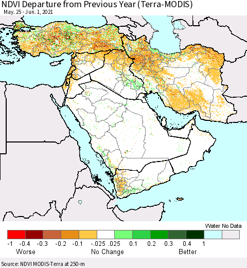 Middle East and Turkey NDVI Departure from Previous Year (Terra-MODIS) Thematic Map For 5/25/2021 - 6/1/2021