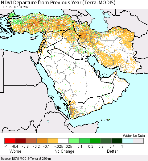 Middle East and Turkey NDVI Departure from Previous Year (Terra-MODIS) Thematic Map For 6/2/2021 - 6/9/2021