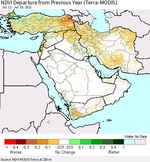 Middle East and Turkey NDVI Departure from Previous Year (Terra-MODIS) Thematic Map For 7/12/2021 - 7/19/2021