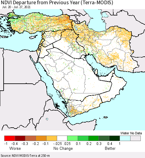 Middle East and Turkey NDVI Departure from Previous Year (Terra-MODIS) Thematic Map For 7/20/2021 - 7/27/2021