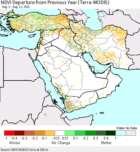 Middle East and Turkey NDVI Departure from Previous Year (Terra-MODIS) Thematic Map For 8/5/2021 - 8/12/2021