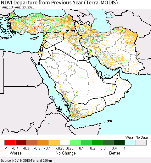 Middle East and Turkey NDVI Departure from Previous Year (Terra-MODIS) Thematic Map For 8/13/2021 - 8/20/2021