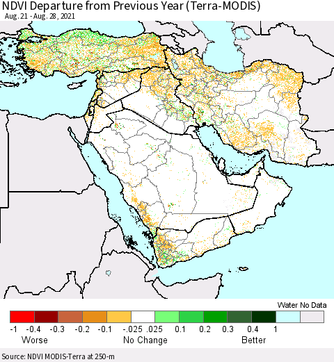 Middle East and Turkey NDVI Departure from Previous Year (Terra-MODIS) Thematic Map For 8/21/2021 - 8/28/2021