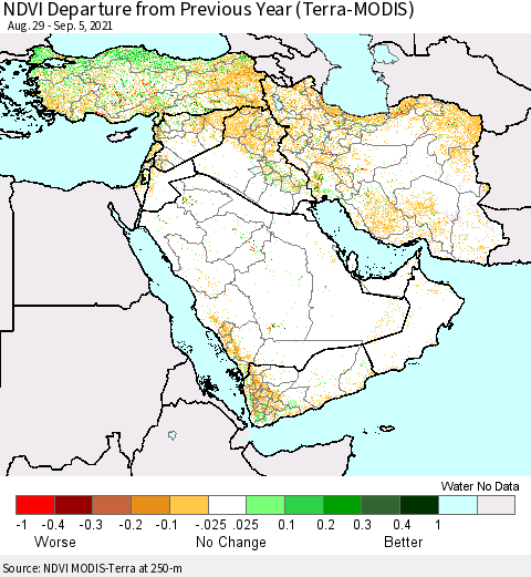 Middle East and Turkey NDVI Departure from Previous Year (Terra-MODIS) Thematic Map For 8/29/2021 - 9/5/2021