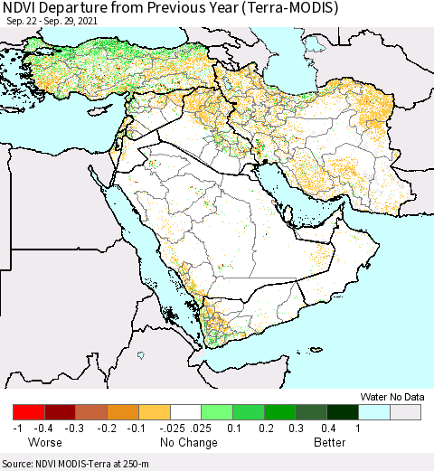 Middle East and Turkey NDVI Departure from Previous Year (Terra-MODIS) Thematic Map For 9/22/2021 - 9/29/2021