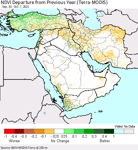 Middle East and Turkey NDVI Departure from Previous Year (Terra-MODIS) Thematic Map For 9/30/2021 - 10/7/2021