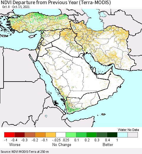 Middle East and Turkey NDVI Departure from Previous Year (Terra-MODIS) Thematic Map For 10/8/2021 - 10/15/2021