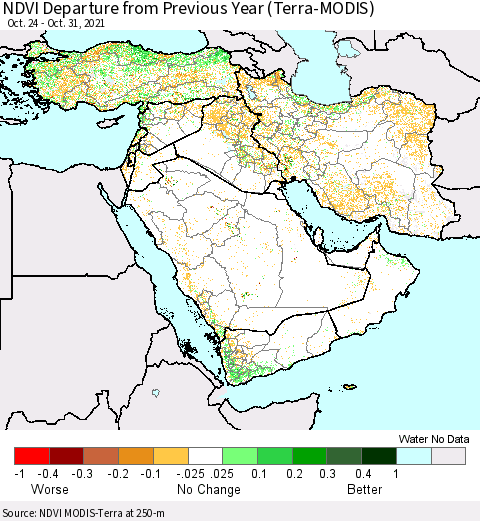Middle East and Turkey NDVI Departure from Previous Year (Terra-MODIS) Thematic Map For 10/24/2021 - 10/31/2021