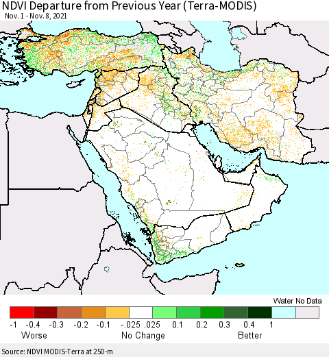 Middle East and Turkey NDVI Departure from Previous Year (Terra-MODIS) Thematic Map For 11/1/2021 - 11/8/2021
