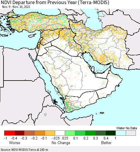 Middle East and Turkey NDVI Departure from Previous Year (Terra-MODIS) Thematic Map For 11/9/2021 - 11/16/2021