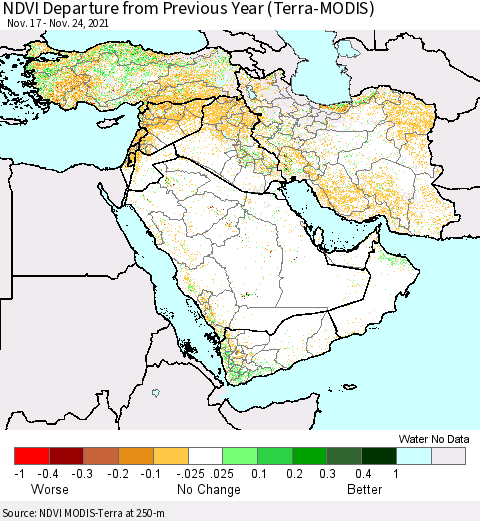Middle East and Turkey NDVI Departure from Previous Year (Terra-MODIS) Thematic Map For 11/17/2021 - 11/24/2021