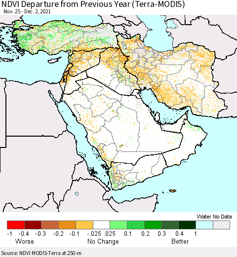 Middle East and Turkey NDVI Departure from Previous Year (Terra-MODIS) Thematic Map For 11/25/2021 - 12/2/2021