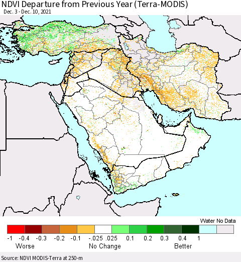 Middle East and Turkey NDVI Departure from Previous Year (Terra-MODIS) Thematic Map For 12/3/2021 - 12/10/2021