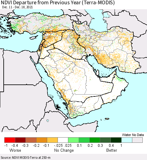 Middle East and Turkey NDVI Departure from Previous Year (Terra-MODIS) Thematic Map For 12/11/2021 - 12/18/2021