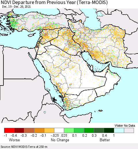 Middle East and Turkey NDVI Departure from Previous Year (Terra-MODIS) Thematic Map For 12/19/2021 - 12/26/2021
