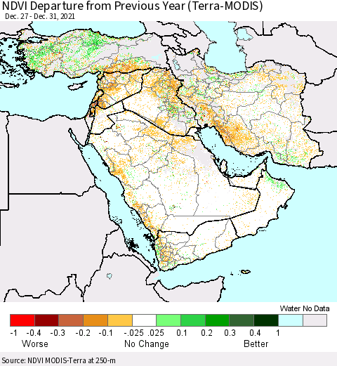 Middle East and Turkey NDVI Departure from Previous Year (Terra-MODIS) Thematic Map For 12/26/2021 - 1/2/2022