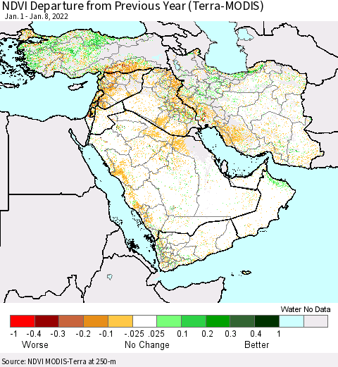 Middle East and Turkey NDVI Departure from Previous Year (Terra-MODIS) Thematic Map For 1/1/2022 - 1/8/2022