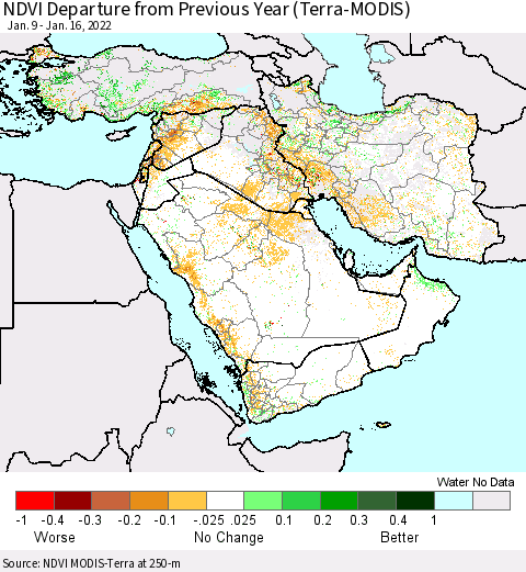 Middle East and Turkey NDVI Departure from Previous Year (Terra-MODIS) Thematic Map For 1/9/2022 - 1/16/2022