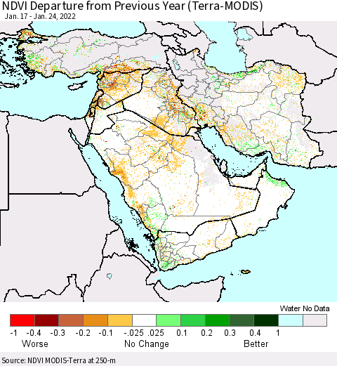 Middle East and Turkey NDVI Departure from Previous Year (Terra-MODIS) Thematic Map For 1/17/2022 - 1/24/2022