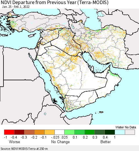 Middle East and Turkey NDVI Departure from Previous Year (Terra-MODIS) Thematic Map For 1/25/2022 - 2/1/2022