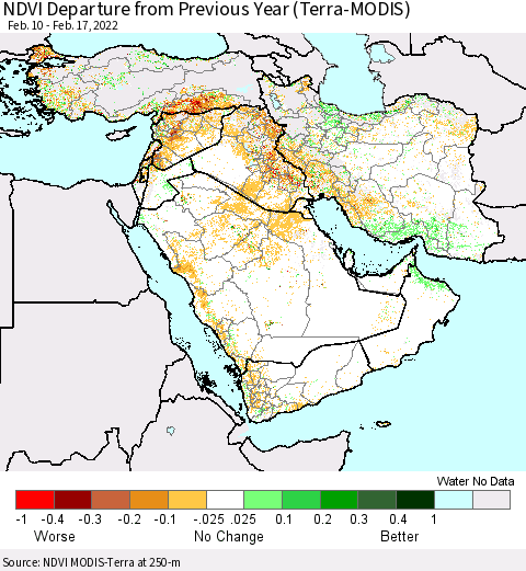 Middle East and Turkey NDVI Departure from Previous Year (Terra-MODIS) Thematic Map For 2/10/2022 - 2/17/2022