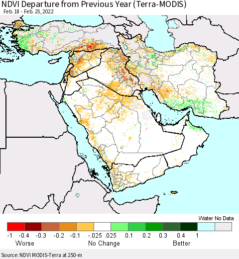 Middle East and Turkey NDVI Departure from Previous Year (Terra-MODIS) Thematic Map For 2/18/2022 - 2/25/2022