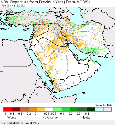 Middle East and Turkey NDVI Departure from Previous Year (Terra-MODIS) Thematic Map For 2/26/2022 - 3/5/2022