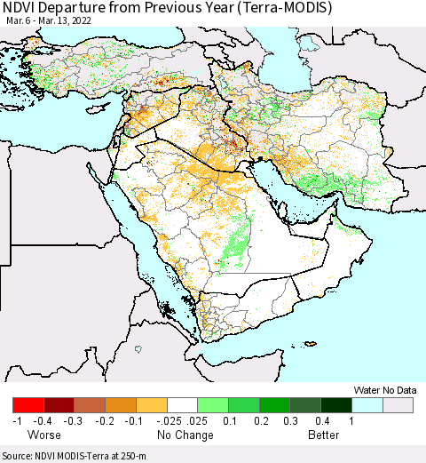 Middle East and Turkey NDVI Departure from Previous Year (Terra-MODIS) Thematic Map For 3/6/2022 - 3/13/2022