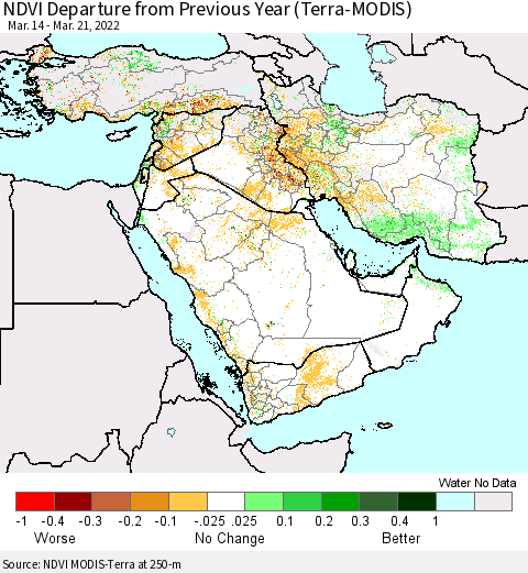 Middle East and Turkey NDVI Departure from Previous Year (Terra-MODIS) Thematic Map For 3/14/2022 - 3/21/2022