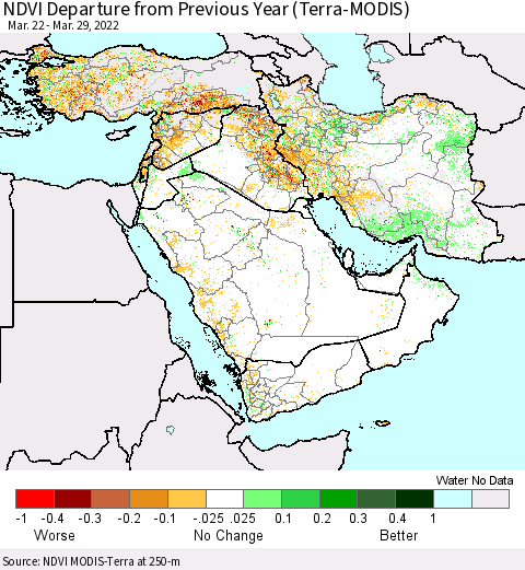 Middle East and Turkey NDVI Departure from Previous Year (Terra-MODIS) Thematic Map For 3/22/2022 - 3/29/2022