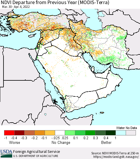 Middle East and Turkey NDVI Departure from Previous Year (Terra-MODIS) Thematic Map For 4/1/2022 - 4/10/2022