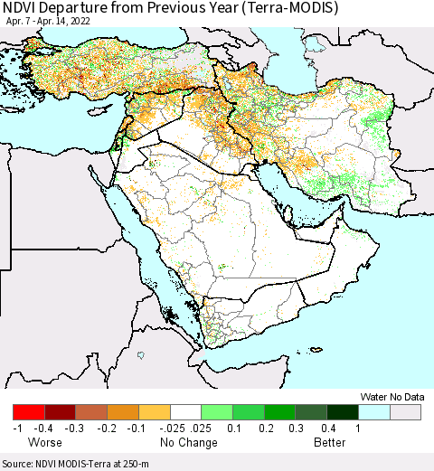 Middle East and Turkey NDVI Departure from Previous Year (Terra-MODIS) Thematic Map For 4/7/2022 - 4/14/2022