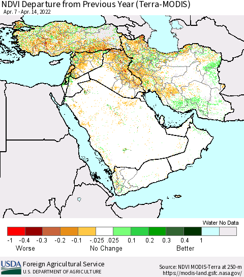 Middle East and Turkey NDVI Departure from Previous Year (Terra-MODIS) Thematic Map For 4/11/2022 - 4/20/2022