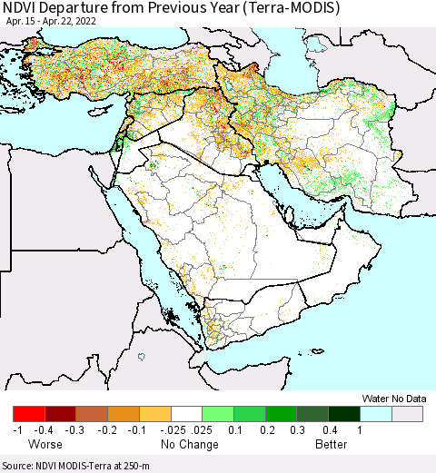 Middle East and Turkey NDVI Departure from Previous Year (Terra-MODIS) Thematic Map For 4/15/2022 - 4/22/2022