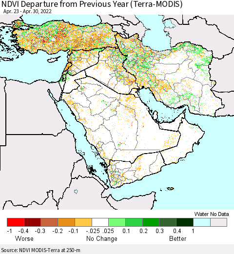 Middle East and Turkey NDVI Departure from Previous Year (Terra-MODIS) Thematic Map For 4/23/2022 - 4/30/2022