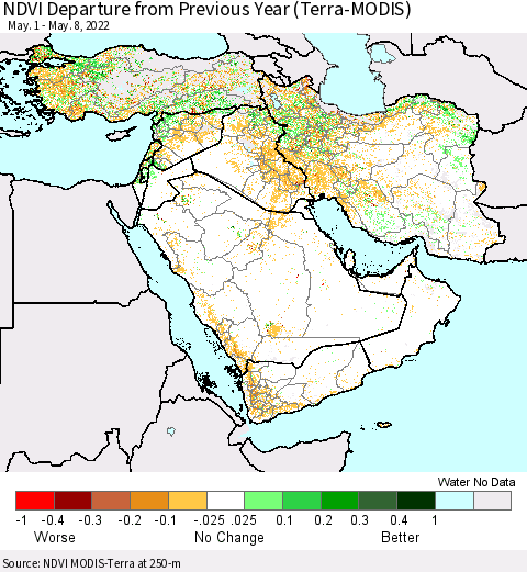 Middle East and Turkey NDVI Departure from Previous Year (Terra-MODIS) Thematic Map For 5/1/2022 - 5/8/2022