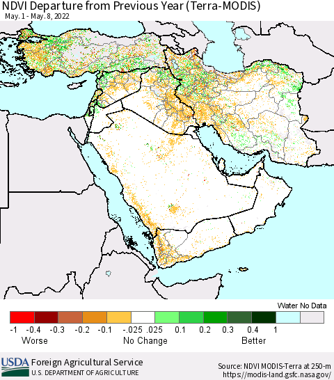 Middle East and Turkey NDVI Departure from Previous Year (Terra-MODIS) Thematic Map For 5/1/2022 - 5/10/2022