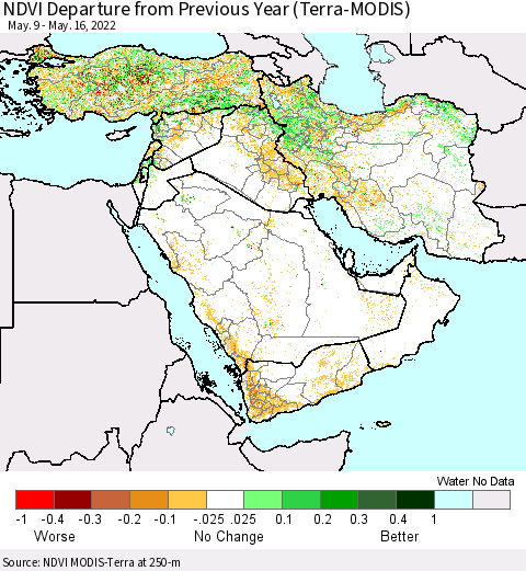 Middle East and Turkey NDVI Departure from Previous Year (Terra-MODIS) Thematic Map For 5/9/2022 - 5/16/2022