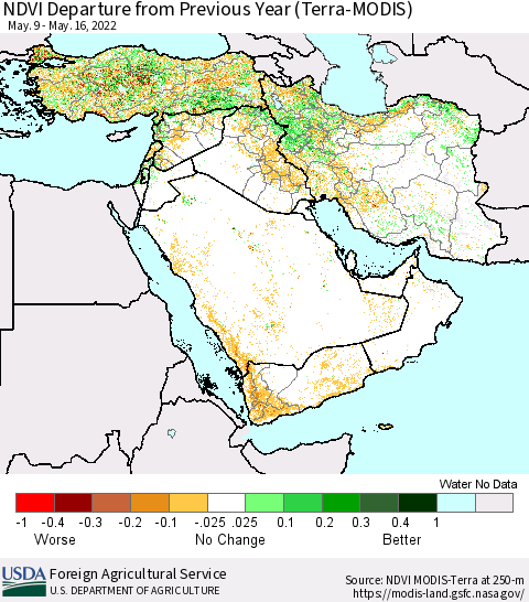 Middle East and Turkey NDVI Departure from Previous Year (Terra-MODIS) Thematic Map For 5/11/2022 - 5/20/2022