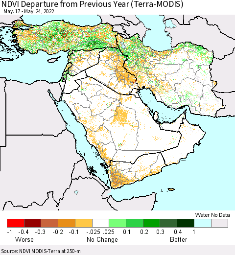Middle East and Turkey NDVI Departure from Previous Year (Terra-MODIS) Thematic Map For 5/17/2022 - 5/24/2022